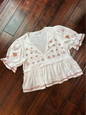 Petal & Pup - White Peplum Blouse with Purple and Yellow Embroidery